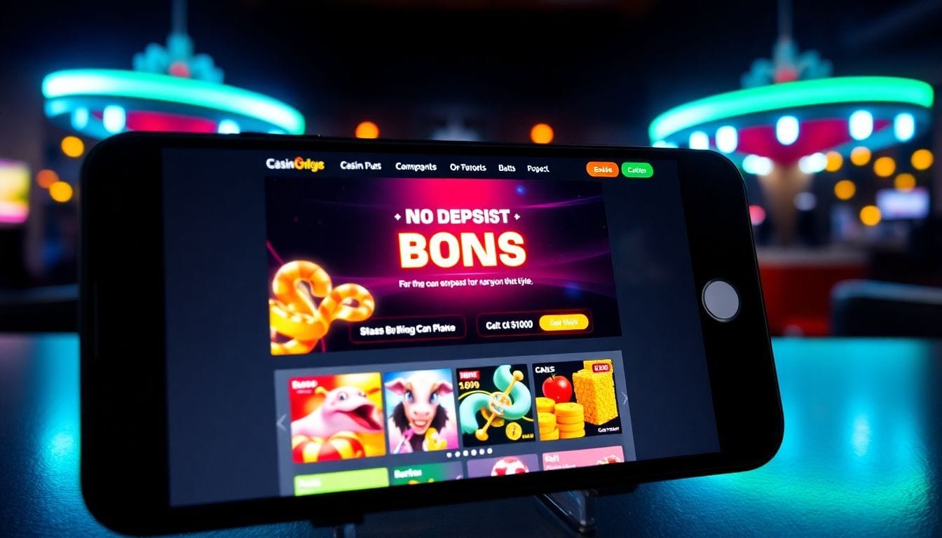 An online casino website interface with a no deposit bonus popup.